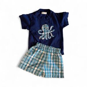 Baby Luigi Navy Octopus T-Shirt and Plaid Shorts Set, Size 18M.